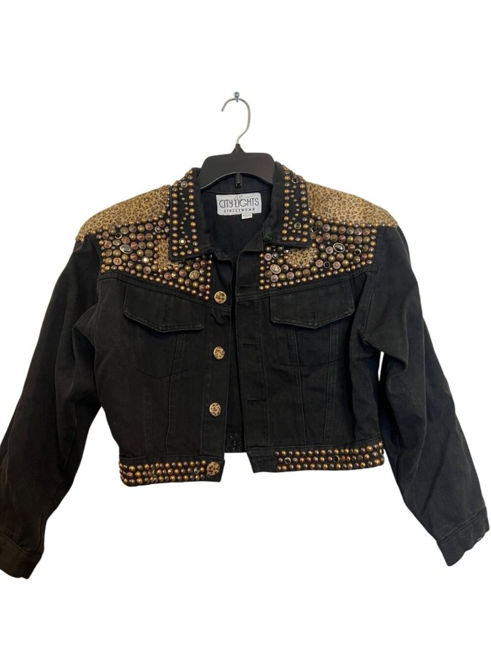 City Lights Streetwear Black Cropped Jacket With Gold Studs & Leopard Print